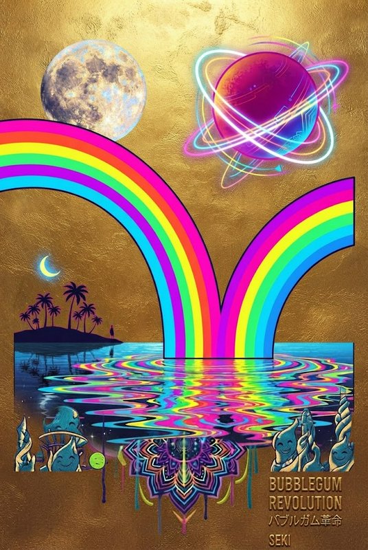 Surreal psychedelic illustration of double rainbow arching over reflective water with cosmic planets and tropical island
