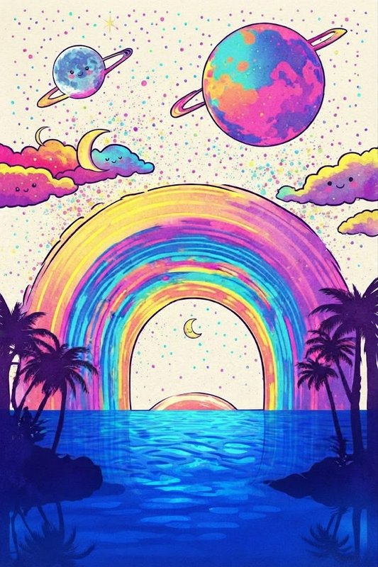 Whimsical psychedelic illustration of a tropical ocean scene with a pastel rainbow, smiling ringed planets, and happy cloud