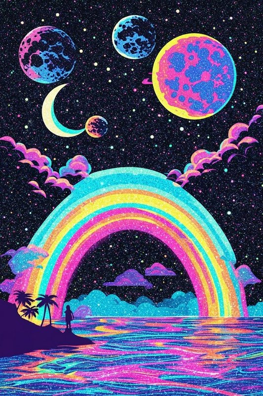 Silhouetted person on a tropical shore gazes at a neon rainbow, colorful planets, and starry cosmic night sky