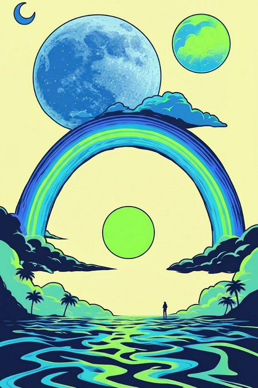 Silhouetted figure stands in a tropical ocean beneath a neon rainbow and surreal multi-planet sky