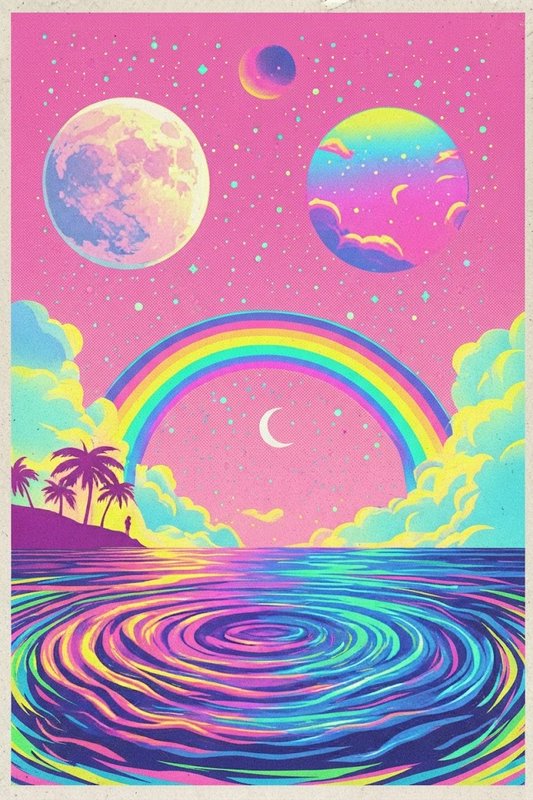 Surreal psychedelic tropical seascape with a rainbow, glowing planets, palm trees, and swirling iridescent ocean