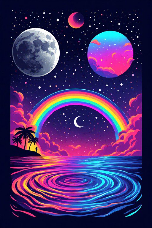 Surreal neon cosmic night scene with rainbow arc, multiple planets, swirling ocean and tropical palm shore