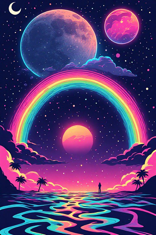 Silhouetted person stands under a glowing rainbow above a neon tropical ocean with multiple celestial moons