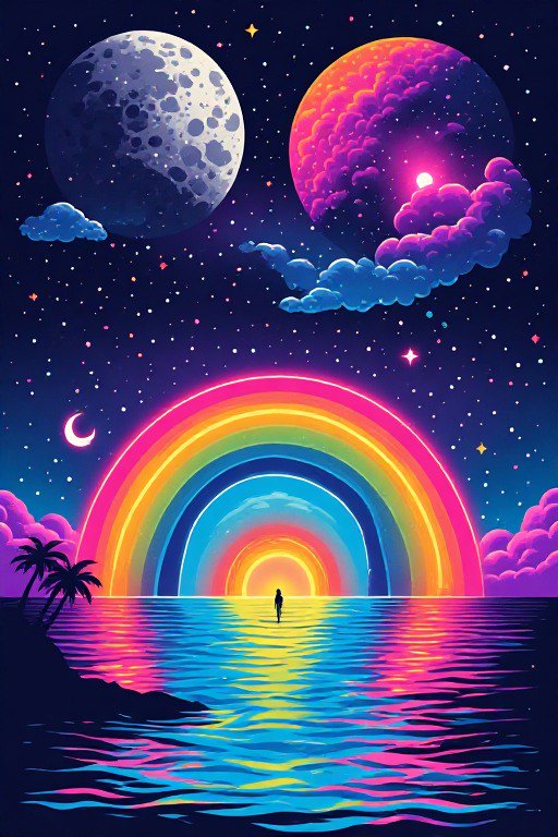 Silhouetted person stands in calm ocean under glowing neon rainbows and twin moons in a starry surreal night sky