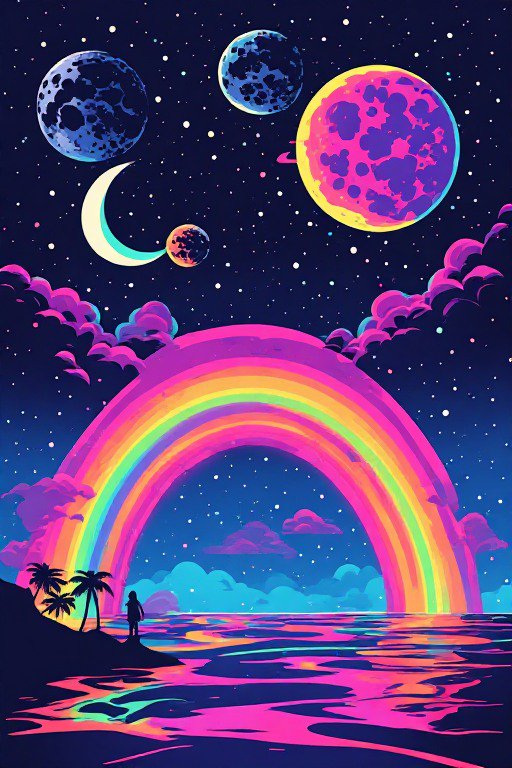 Silhouetted person on a tropical shore gazes at a neon cosmic sky with multiple planets and a glowing rainbow arc