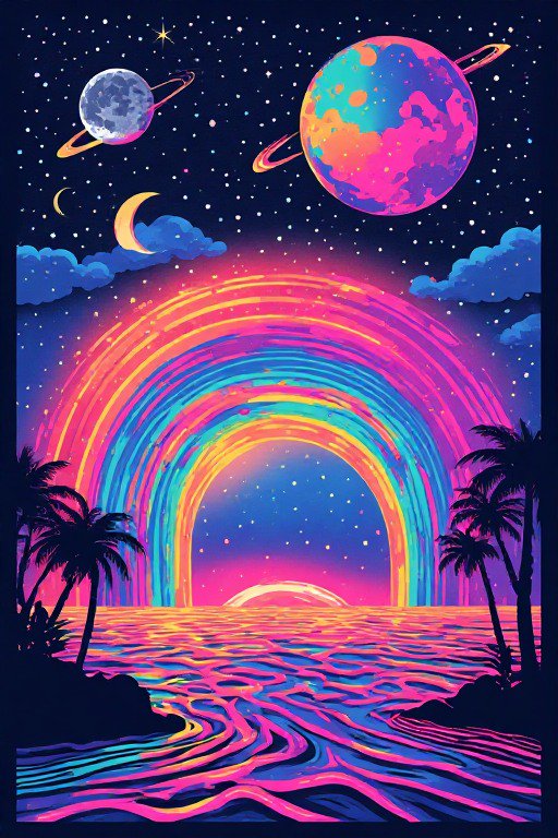 Vibrant neon tropical seascape with glowing rainbow arches, ringed planets, and palm trees under a starry cosmic sky