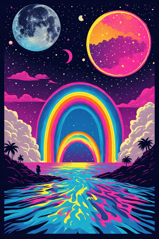 Surreal neon coastal landscape with stacked rainbows, multiple celestial bodies, and a lone figure overlooking glowing ocean