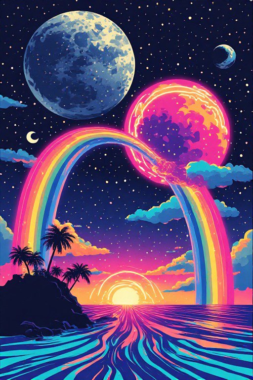 Surreal neon tropical seascape with glowing rainbows, multiple moons, palm trees and a starry night sky