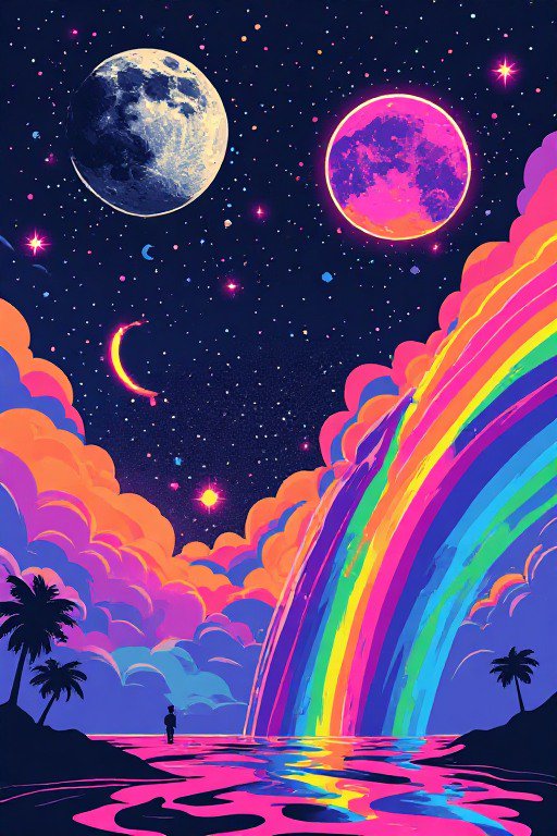 Silhouetted person stands on a neon shore beneath a starry sky with dual moons and a cascading rainbow waterfall