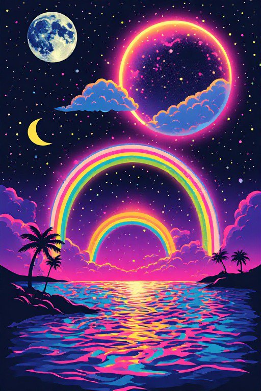 Surreal neon tropical night scene with glowing rainbows, celestial bodies and palm trees over a reflective ocean