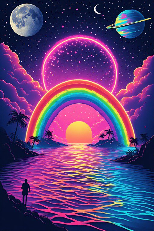 Silhouetted person at a neon tropical shore gazes up at a surreal cosmic sky with rainbows and planets