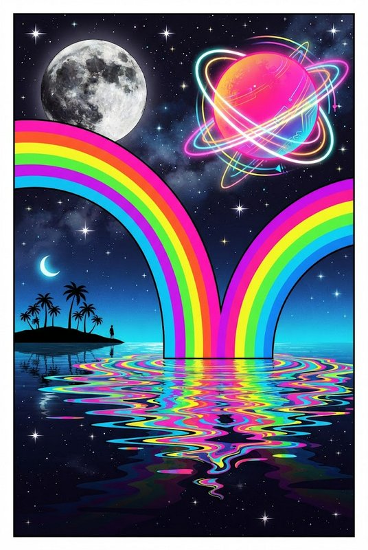 Surreal psychedelic cosmic scene with double rainbow, glowing ringed planet, and tropical island under a starry sky