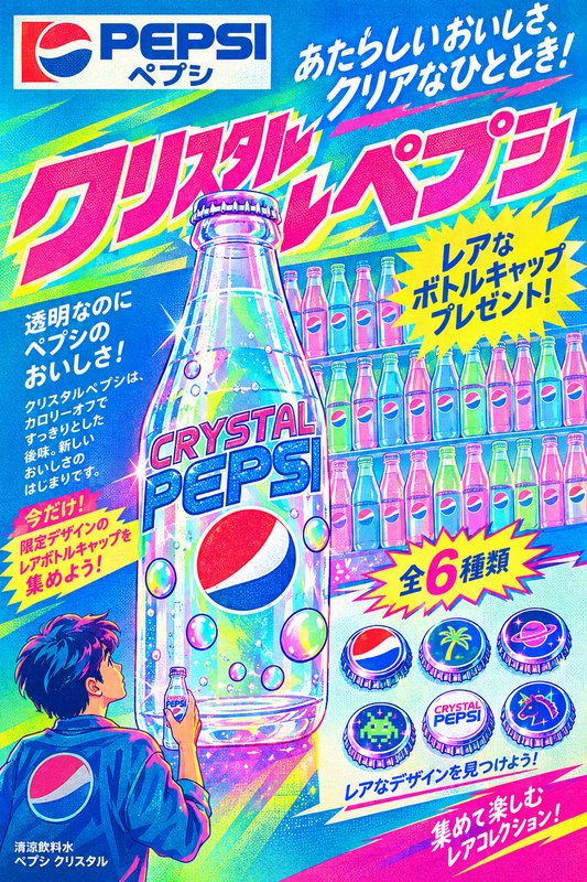 Retro 90s anime style Japanese Crystal Pepsi promotional ad with an illustrated fan and limited edition bottle caps