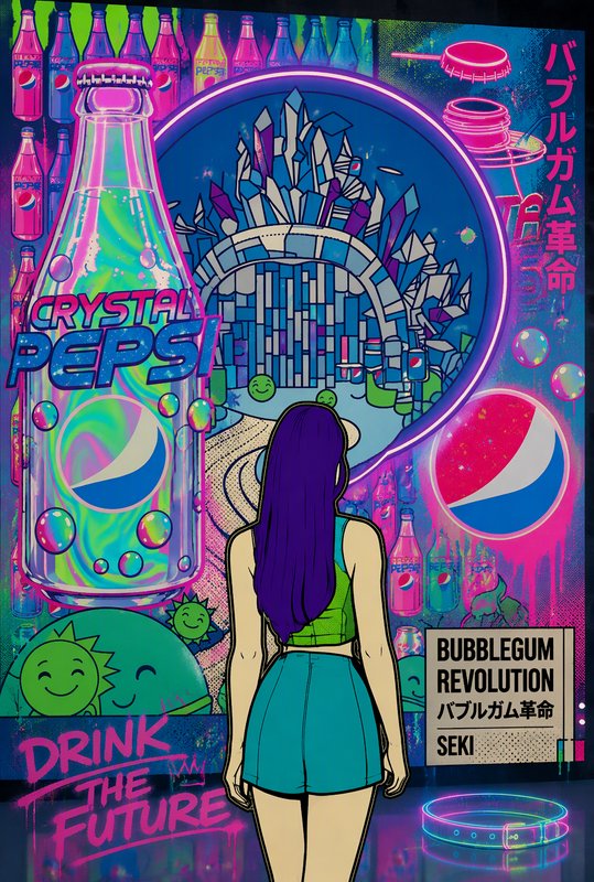 Purple-haired anime girl standing before a vibrant neon Crystal Pepsi retro pop art installation