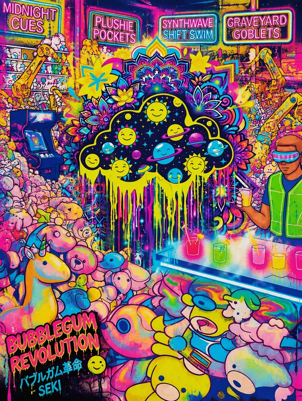 Surreal neon psychedelic illustration of a plush-filled retro arcade bar with drippy cosmic artwork