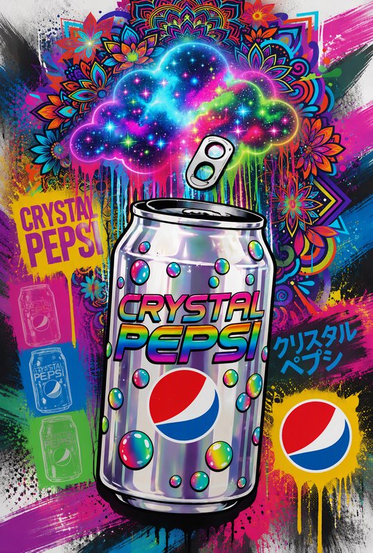 Trippy psychedelic illustration of a holographic Crystal Pepsi can against a vibrant neon patterned background