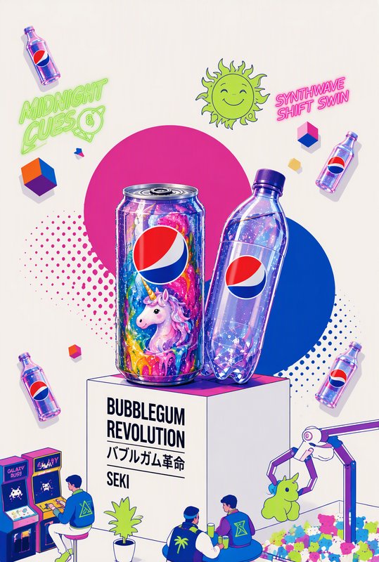 Surreal synthwave Pepsi can with a pastel unicorn sits on a display podium surrounded by retro arcade graphics