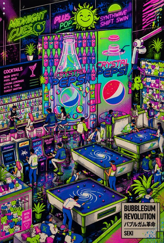 Vibrant isometric synthwave arcade bar with Crystal Pepsi branding, pool tables, arcade games and retro neon decor