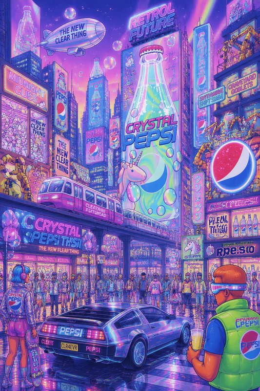 Retro-futuristic cyberpunk metropolis covered in Crystal Pepsi branding, neon signs, monorail, and stylized pedestrians