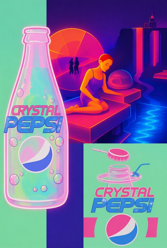 Vaporwave style illustration of a large Crystal Pepsi bottle beside a woman relaxing at a neon futuristic pool