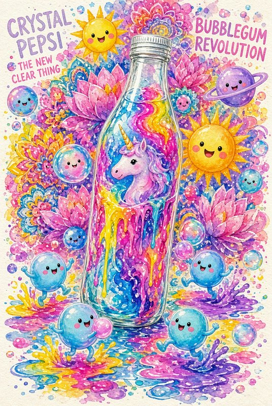 Whimsical watercolor illustration of a glass bottle holding a pastel unicorn surrounded by cute bubble characters and