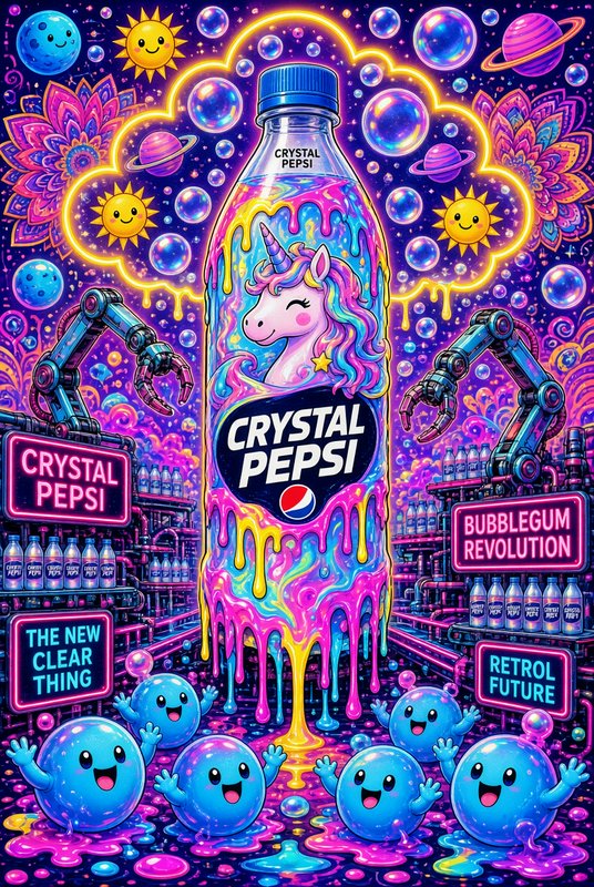 Giant Crystal Pepsi bottle with a pastel unicorn inside, surrounded by happy blob characters, robotic arms, and whimsical