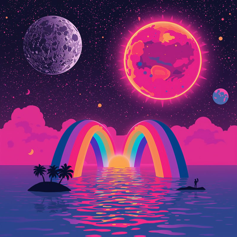 Surreal vaporwave ocean scene with twin rainbows, glowing celestial bodies, and silhouetted islands under a starry sky