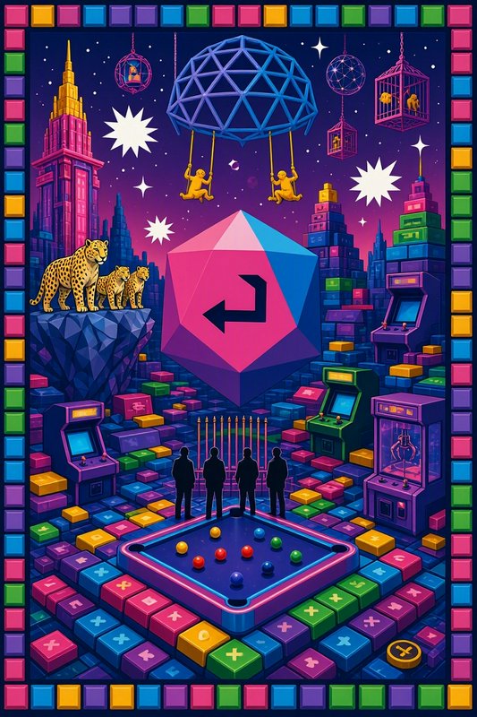 Surreal retro arcade fantasy landscape with giant game dice, leopards, and vintage arcade cabinets