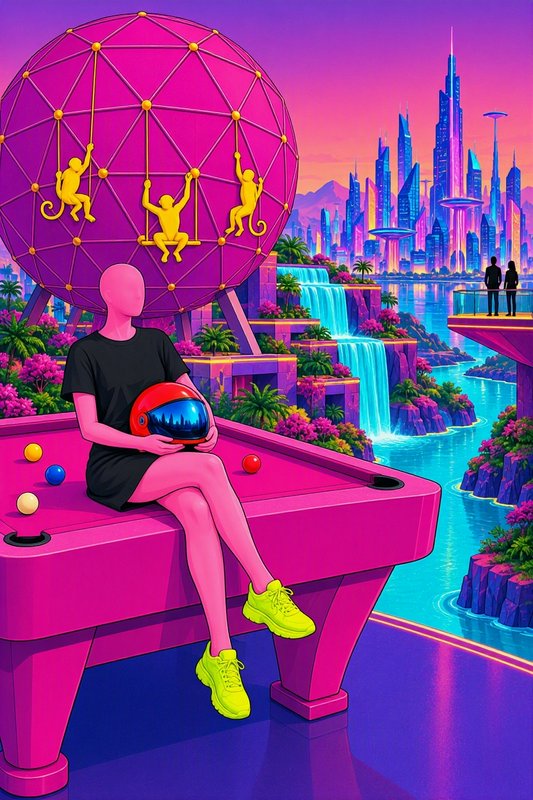 Faceless pink figure sits on a bright pink pool table holding a helmet in a surreal vaporwave landscape