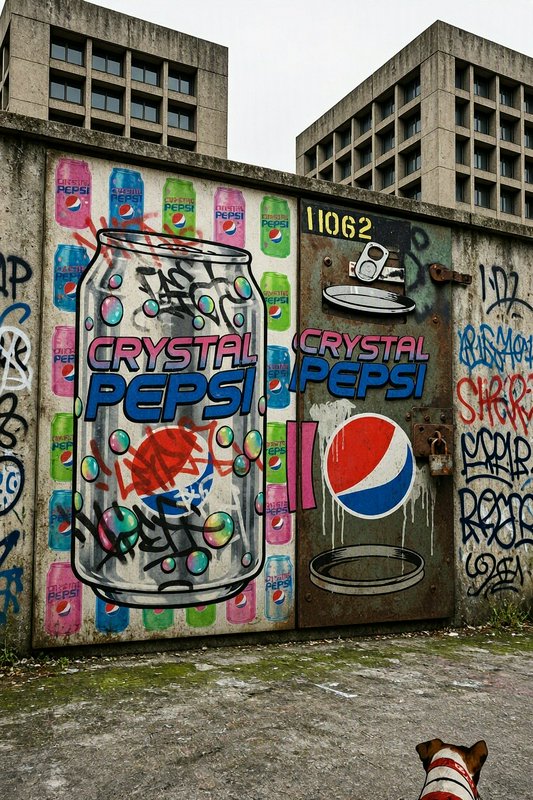 Oversized Crystal Pepsi graffiti mural on a weathered concrete wall below brutalist high rise buildings