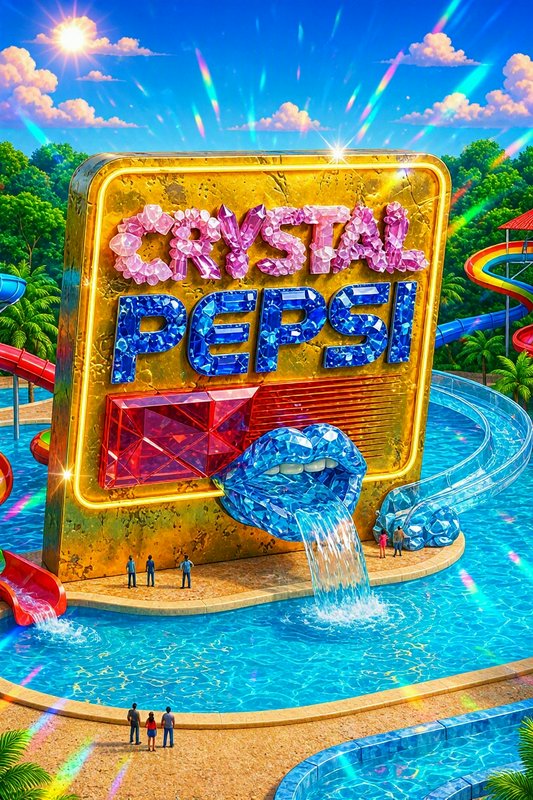 Giant ornate Crystal Pepsi waterpark landmark with crystal lips spilling water into a resort swimming pool