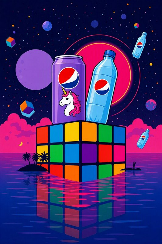 Surreal vaporwave illustration of Pepsi products, unicorn graphic, and giant Rubik's cube above a neon cosmic ocean