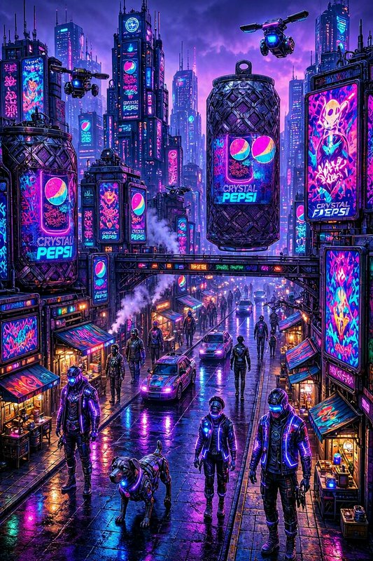 Neon cyberpunk city street with cyborg pedestrians, a robotic dog, and floating Crystal Pepsi billboards at purple twilight