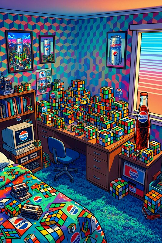 Vibrant retro 90s bedroom overflowing with Rubik's cubes and vintage Pepsi themed decor