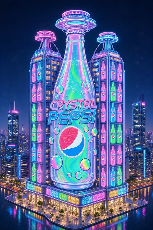 Giant glowing Crystal Pepsi skyscraper towers over a neon cyberpunk waterfront city at night