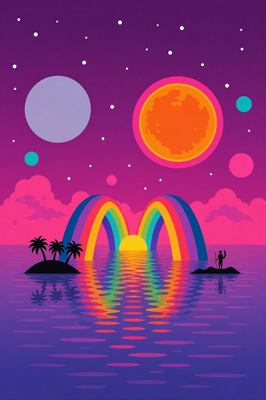 Surreal psychedelic seascape with double rainbows, alien planets, and tiny tropical islands under a starry purple sky
