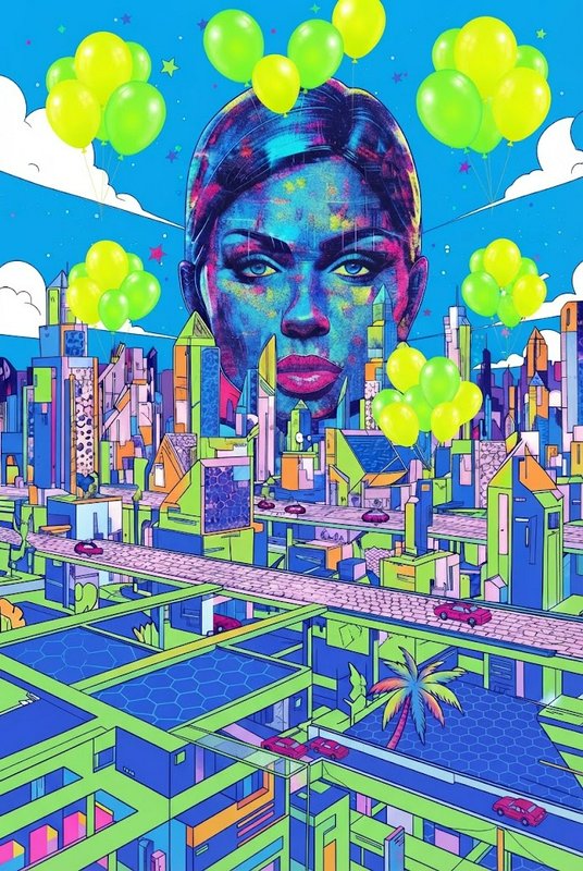 Giant stylized woman's face looms over a vibrant futuristic city dotted with bright floating balloons