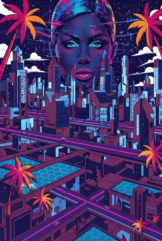 Giant glowing female hologram looms over a neon cyberpunk cityscape with palm trees and elevated roadways
