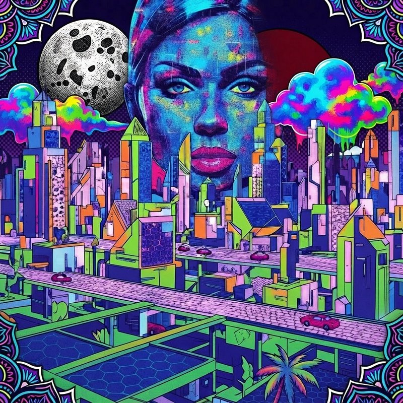 Surreal psychedelic futuristic cityscape with a giant stylized woman's face looming behind skyscrapers