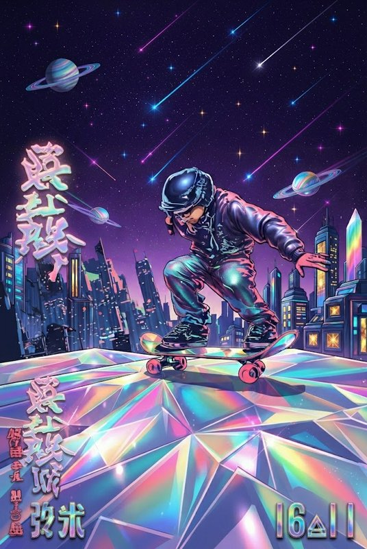 Skateboarder crouches on an iridescent rooftop above a futuristic cyberpunk city under a starry cosmic sky