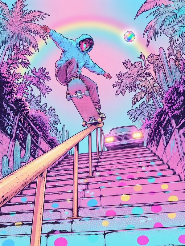 Teen skater grinding a stair handrail in a surreal pastel vaporwave illustration