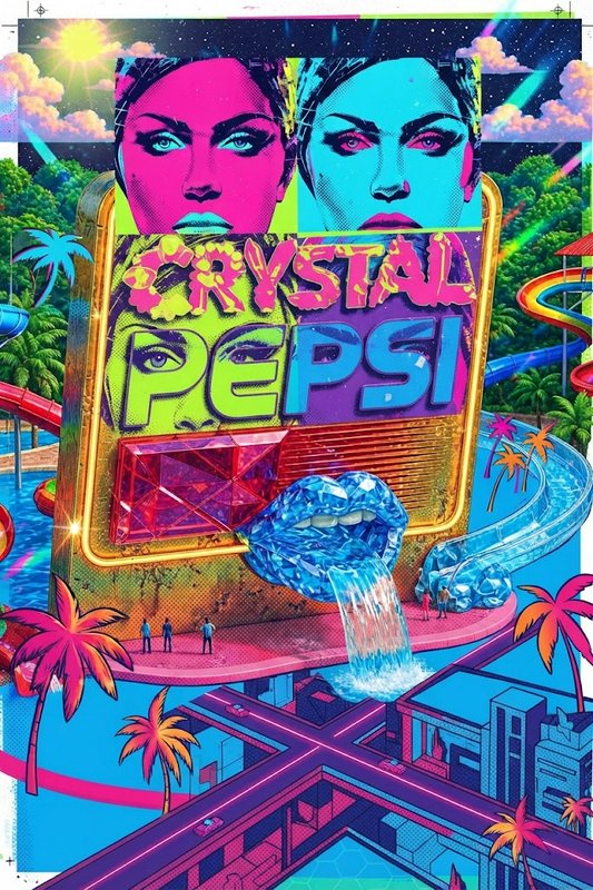 Surreal vaporwave Crystal Pepsi illustration with pop art faces, crystal lips, and retro tropical water park surroundings
