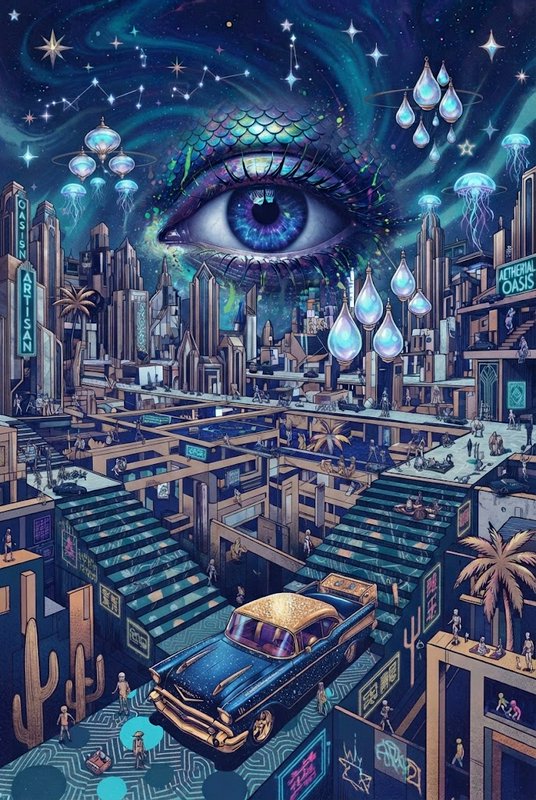 Giant iridescent cosmic eye looms over a surreal tiered cyberpunk city under a starry nebula sky