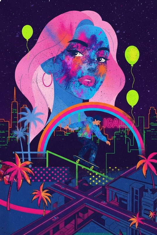 Surreal neon illustration of a giant pink-haired woman watching a skateboarder grind a rail above a retro city