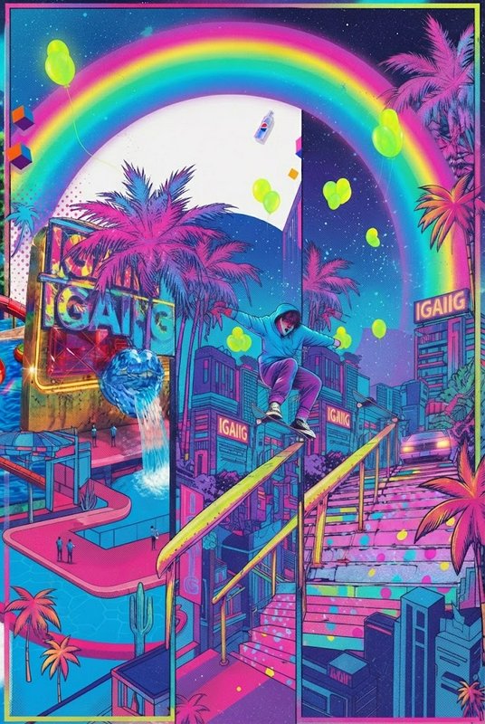 Hooded skateboarder grinds a stair rail under a glowing rainbow in a surreal neon retro city