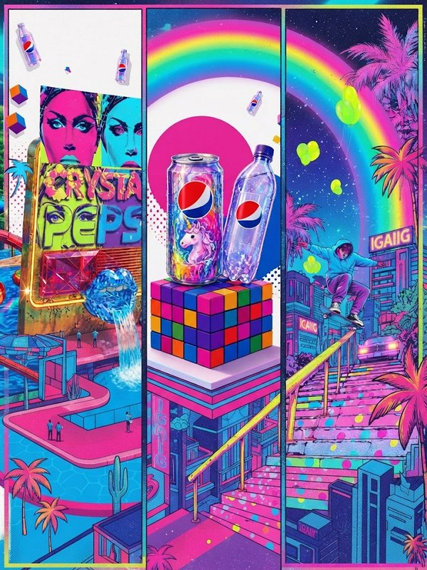 Tri-panel vaporwave illustration with Pepsi branding, retro pop culture motifs, and bright neon 90s styling