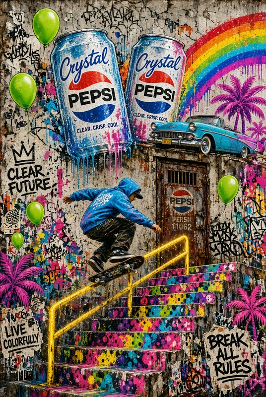 Hooded skateboarder grinds a yellow stair rail against a vibrant graffiti wall with Crystal Pepsi pop art