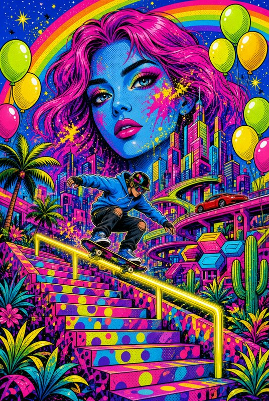 Skateboarder grinds a neon handrail beneath a giant surreal pink-haired woman in a vibrant futuristic pop art city