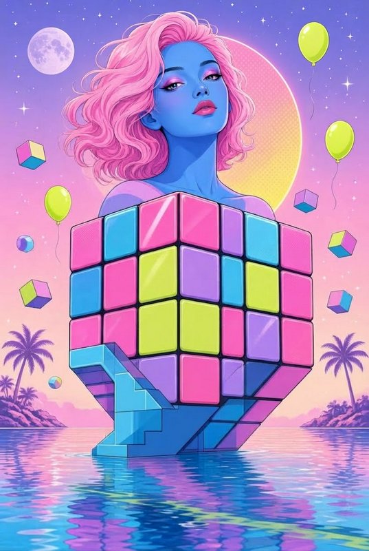 Surreal pastel illustration of a blue-skinned pink-haired woman merged with a giant Rubik's cube above tropical water