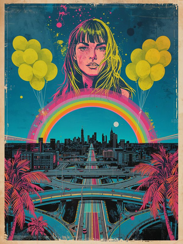 Retro pop art poster featuring a woman with balloons overlooking a neon city beneath a bright rainbow